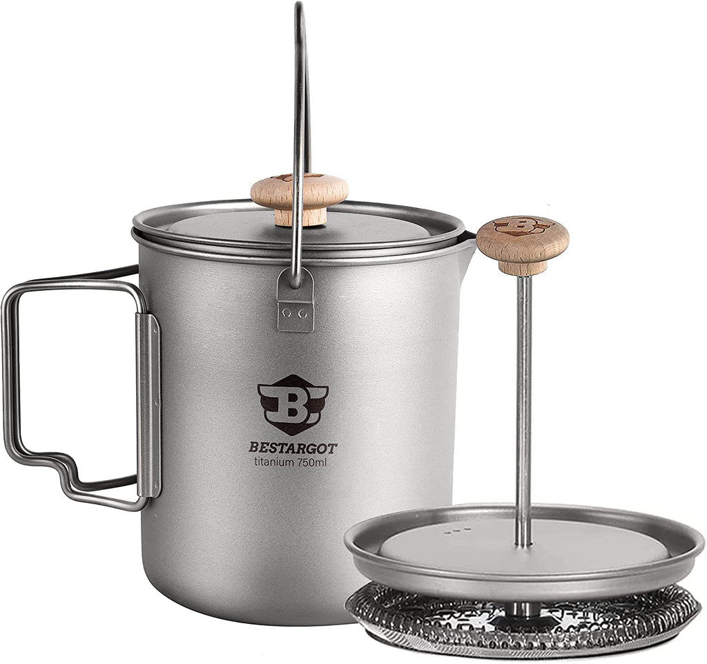 Bestargot Camping Titanium Pot, French Press Coffee Maker, Camp Cooking Pot With Light Wood Knob, 750Ml Camping Cup For Camping 