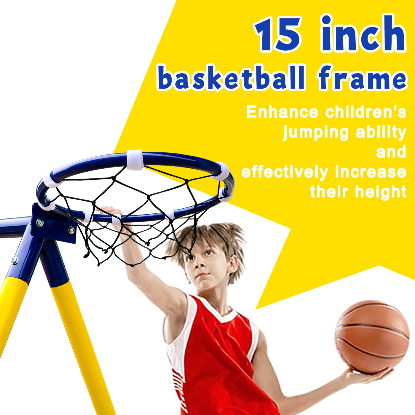 4-In-1 Heavy Duty Swing Set For Backyard - Large Metal Frame With Saucer Swings, Sandbox, Basketball Hoop & Single Swing Seat |