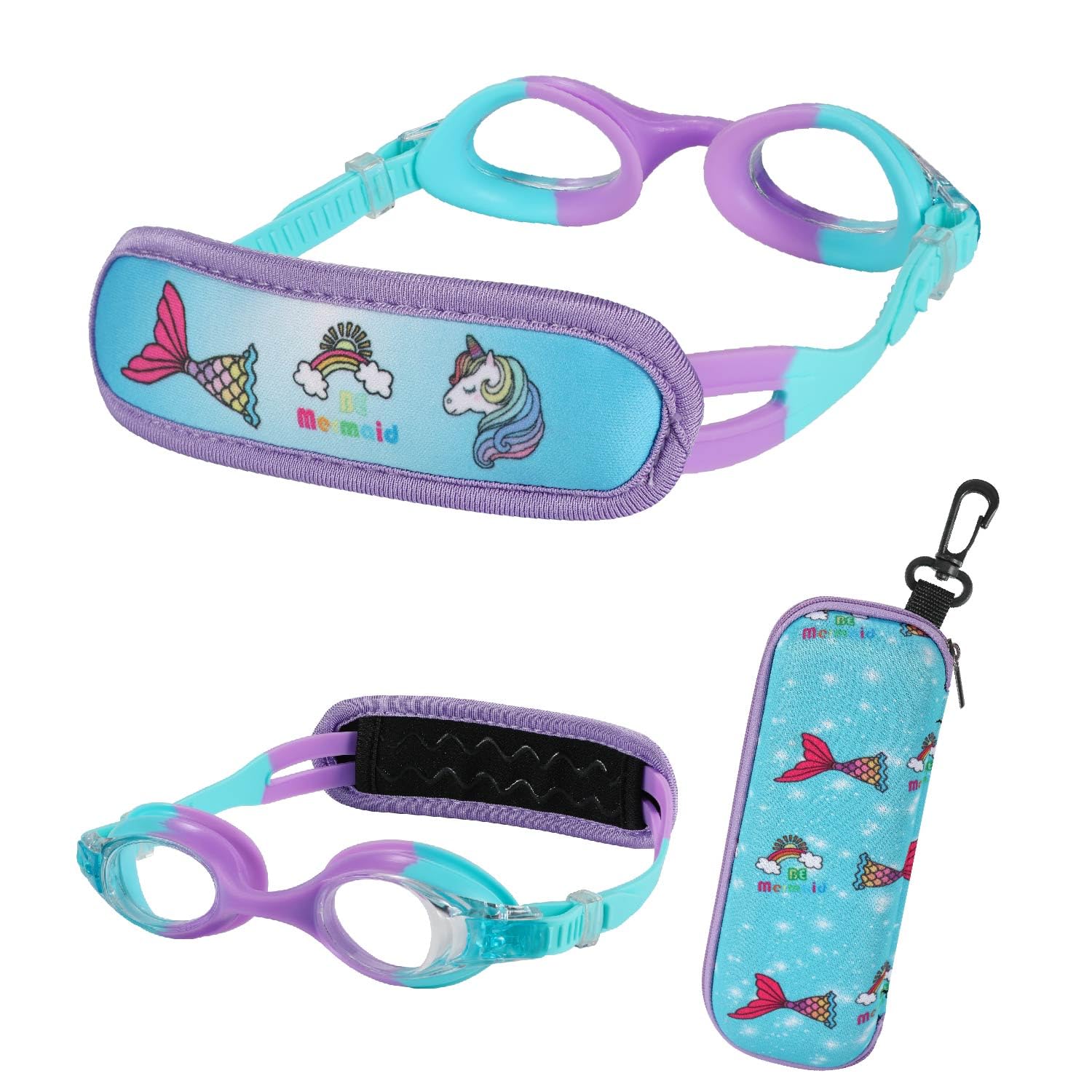 RUIGAO Kids Swim Goggles Age 2-6, Toddler Goggles No Hair Pull,UV Protection/Anti Fog/Padded HeadBand (1PK Kids - Blue Mermaid)