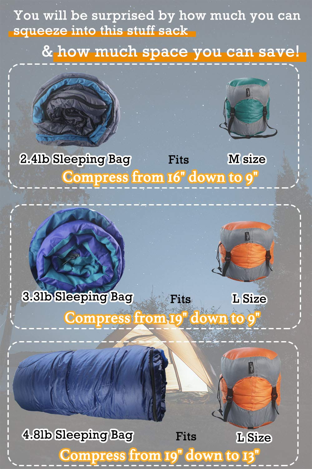 Frelaxy Compression Sack, Ultralight Sleeping Bag Stuff Sack 11L/ 18L/ 30L/45L/52L, Compression Stuff Sack - Space Saving Gear F