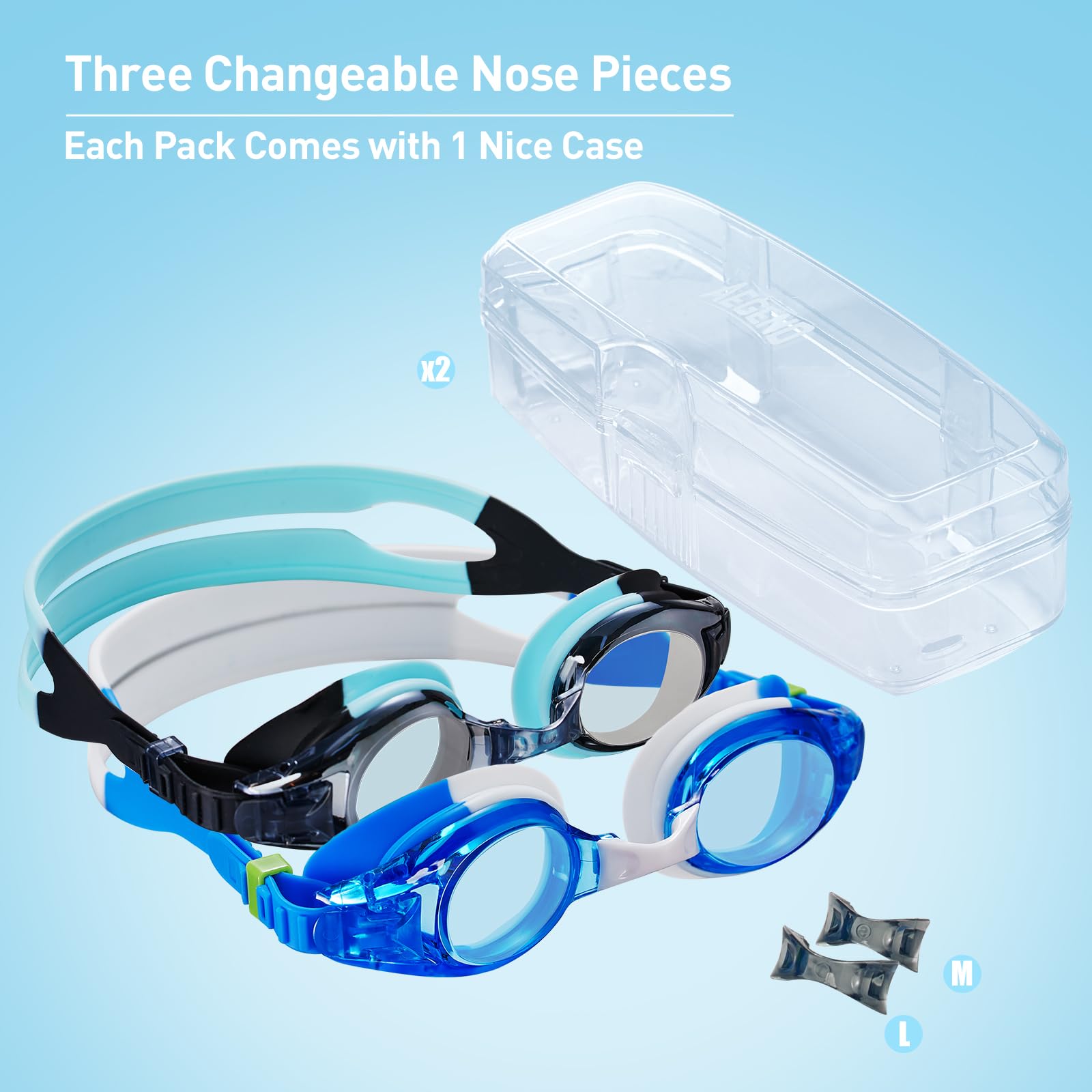 Aegend 2 Pack Kids Goggles, Swimming Goggles for Kids Age 4-16 Boys and Girls Youth, Anti-Fog Pool Goggles, White Blue & Blue Bl