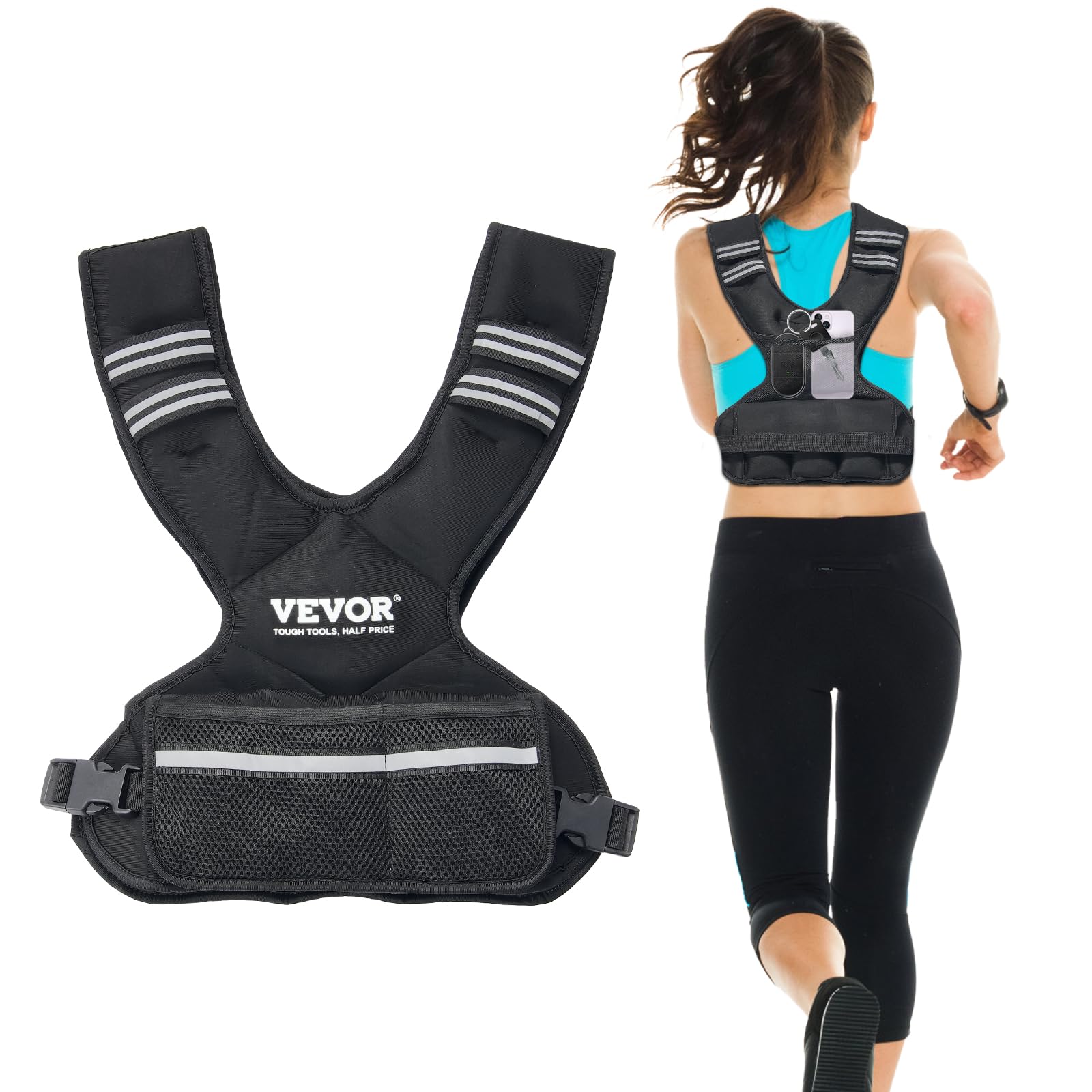 Vevor Adjustable Weighted Vest, 11-20Lb Weight Vest With 6 Ironsand Weights And Reflective Stripe, Body Weight Vest Exercise Set