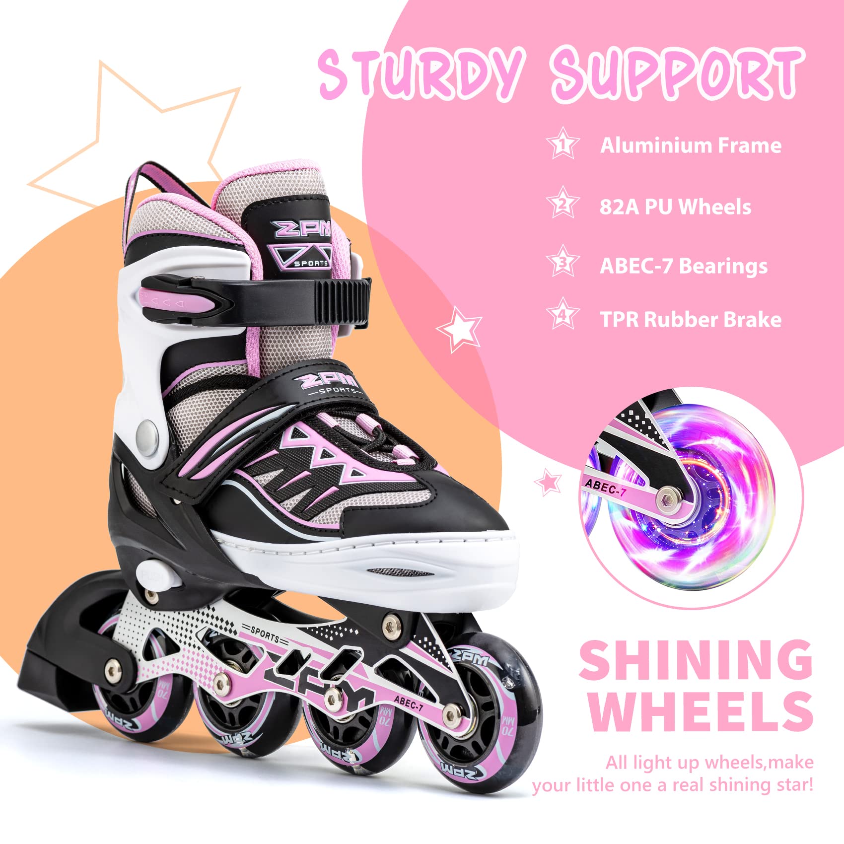 2Pm Sports Cytia Pink Girls Adjustable Illuminating Inline Skates With Light Up Wheels, Fun Flashing Beginner Roller Skates For