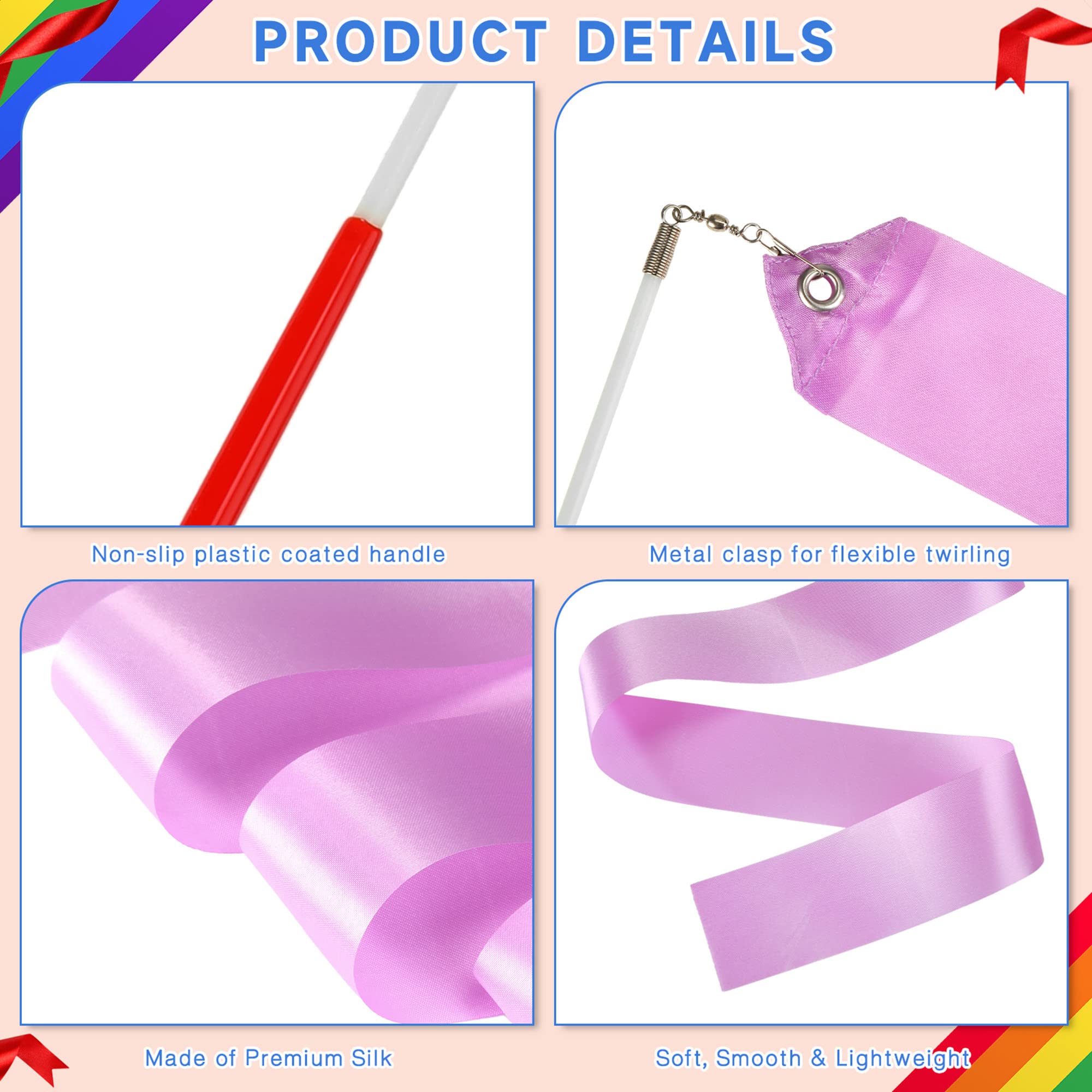 Yilloog Rainbow Dance Ribbon 78.7 Inch Gymnastics Ribbon Streamers Rainbow Artistic Ribbon Dancer Twirling Wands Rhythmic Gymnas