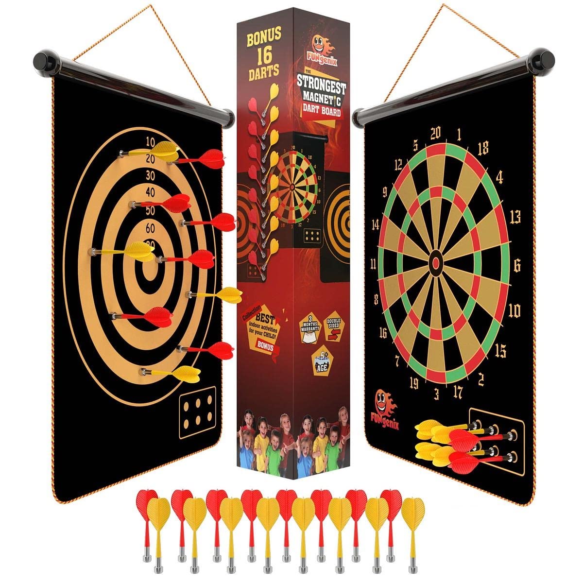 FUNGENIX Magnetic Dart Board for Kids - Indoor Outdoor Darts Game, 16pcs Magnetic Darts, Double Sided Board Games Set, Best Toys