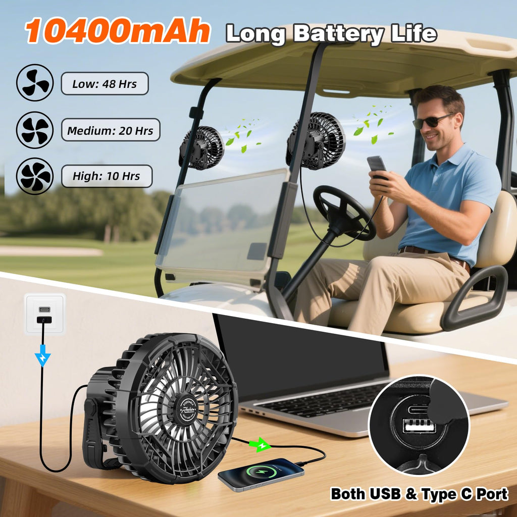 Roykaw 10400 Mah Magnetic Golf Cart Fan Portable Rechargeable Battery Powered, 24+ Hrs, W/Led Lights, Compatible With Ezgo/Club
