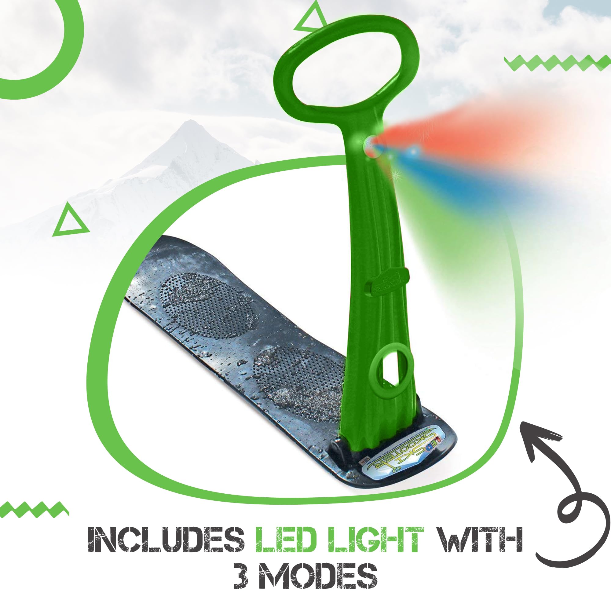Geospace Original Winter Fun Ski Skooter Sled With Single Led Light: Fold-Up Portable Snowboard Kick-Scooter Sled For Use On Sno