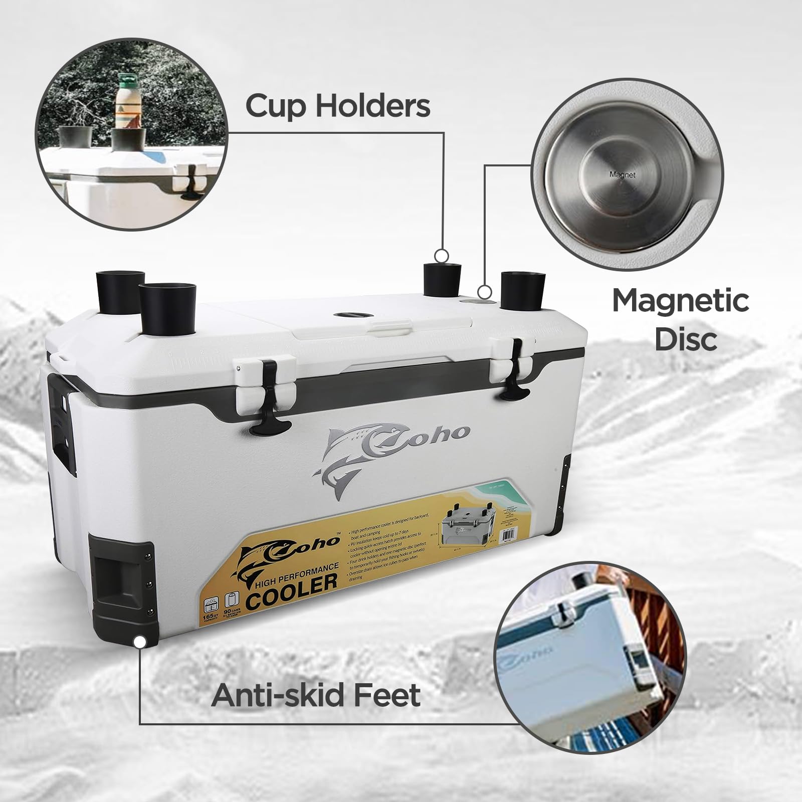 Coho 165Qt Insulated Hard Cooler With Fish Ruler, Removable Cup Holders, Magnetic Disc & Tie-Down Loops, Ice Chest For Camping,