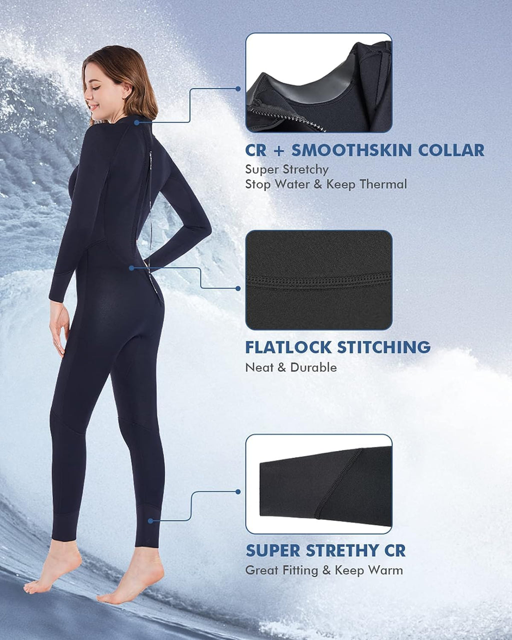 Dark Lightning Full Body Wetsuit Women, 3/2Mm Wet Suit For Women Cold Water Swimming, Womens Diving Surfing Snorkeling Kayaking,