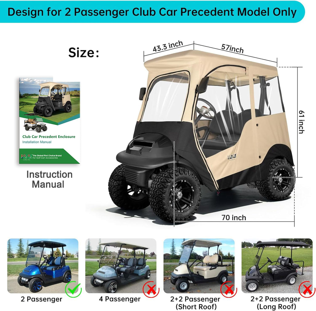 10L0L 2 Passenger Golf Cart Enclosure For Club Car Precedent, All Weather Windproof Waterproof Rain Cover, 4-Sided Clear Window