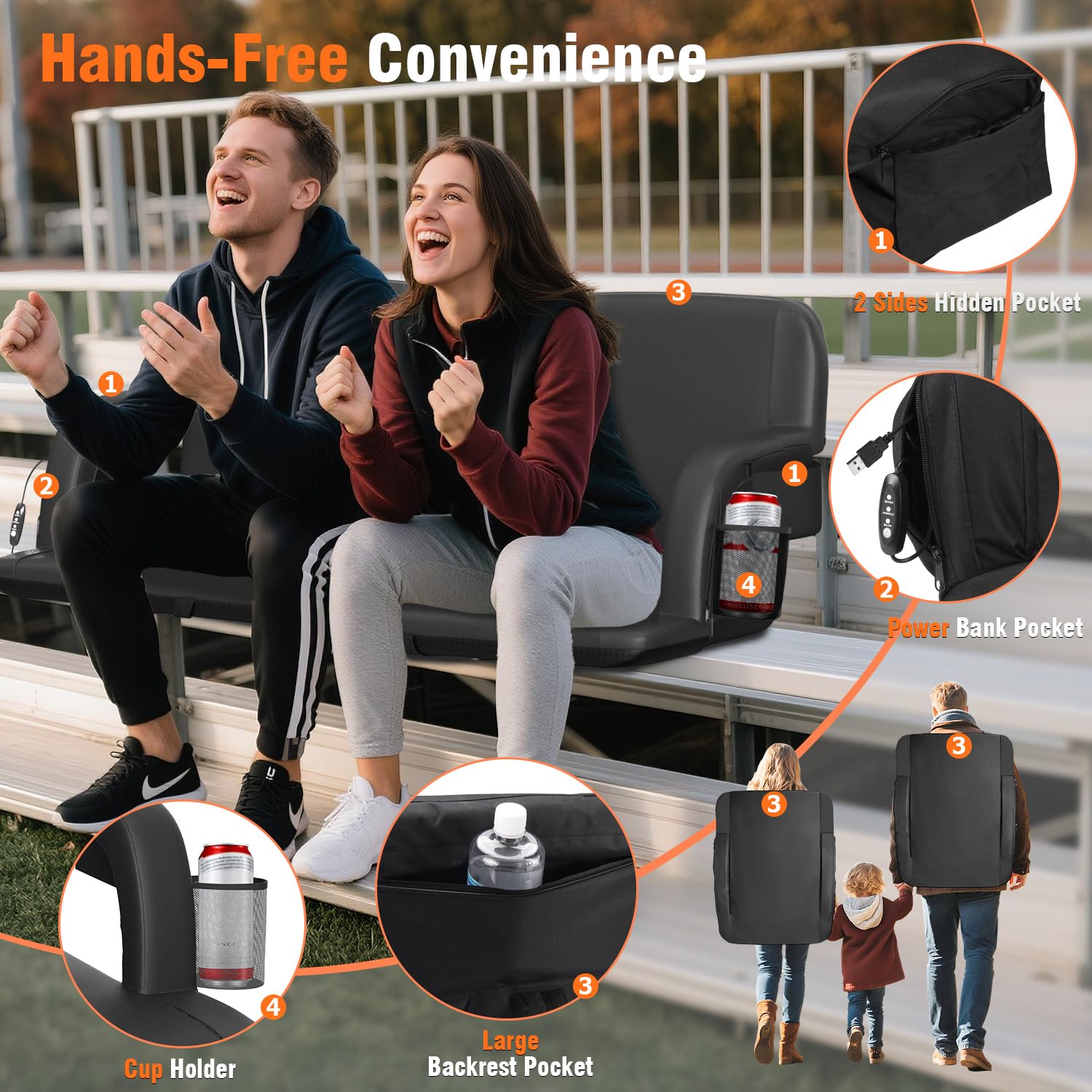Suteck Dual-Side Heated Stadium Seat With Back Support, 23 Wide Cushion, Foldable Bleacher Chair W/Usb 3-Level Heating, 5 Storag
