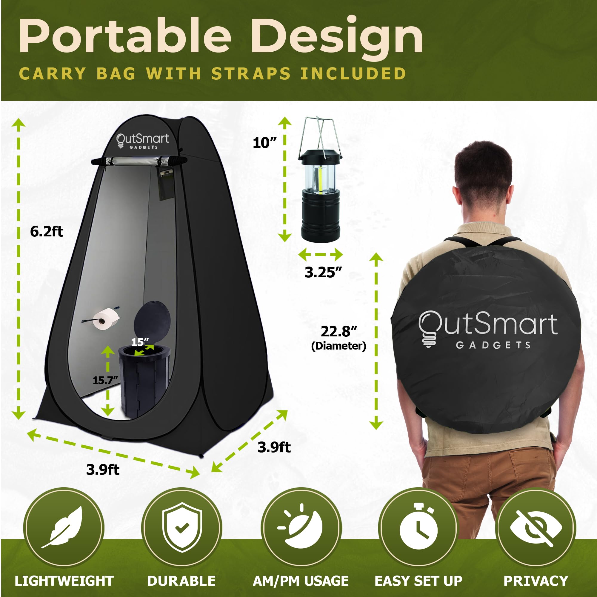 Outsmart Gadgets Outdoor Camping Toilet With Pop-Up Privacy Tent And Night Lantern, Portable Toilet Set For Comfortable Camping