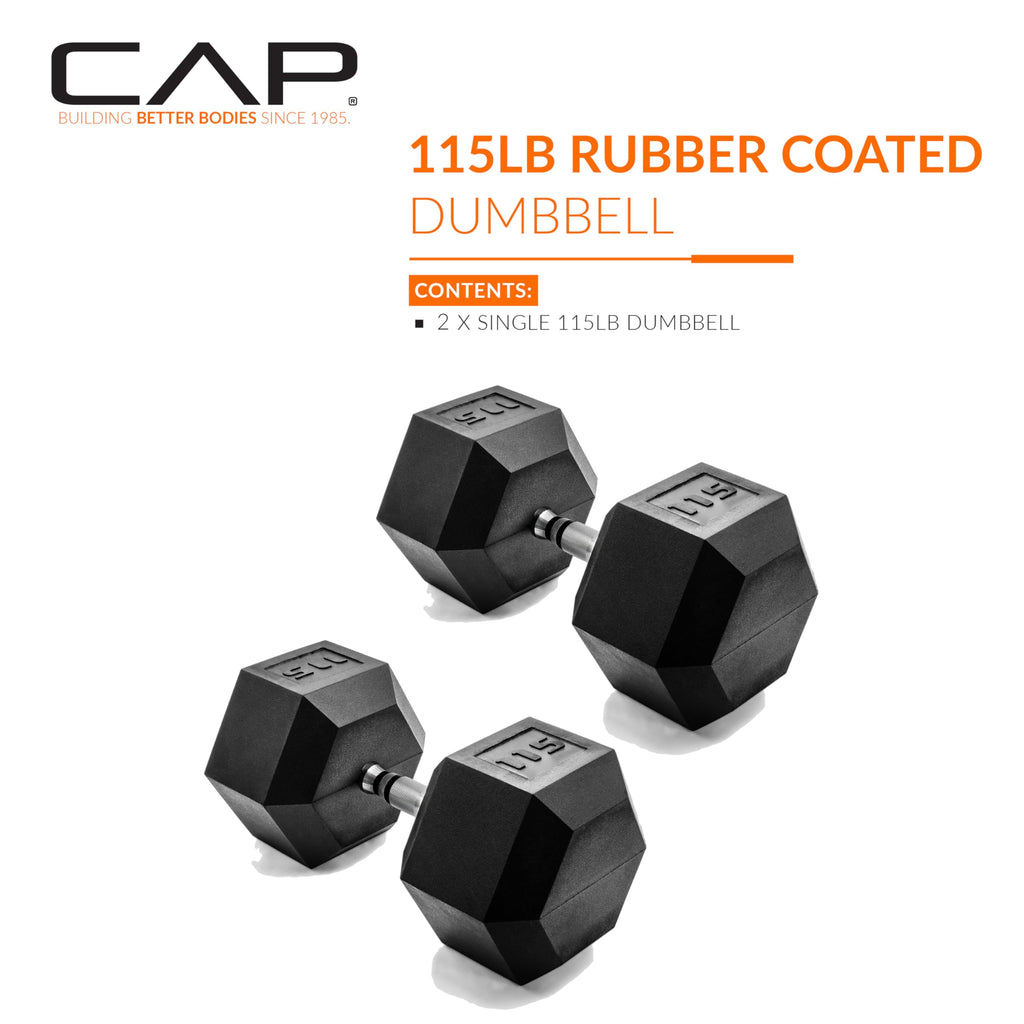 CAP Barbell 115 LB Rubber Coated Hex Dumbbell Hand Weight - Pair | Chrome Handle