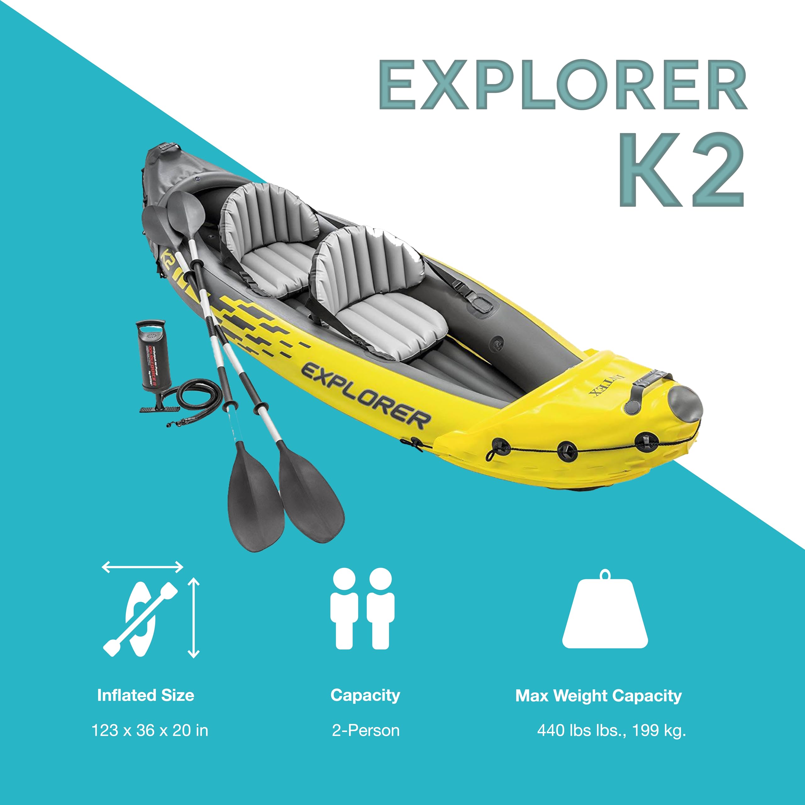 Intex 68307Ep Explorer K2 Inflatable Kayak Set: Deluxe 86In Kayak Paddles And High-Output Pump - Adjustable Seats With Backrest