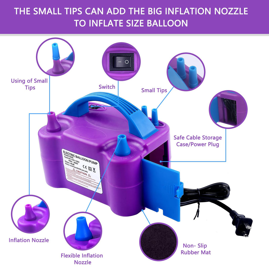 Electric Balloon Pump,110V 600W Balloon Blower Inflator Dual Nozzle Air Pump Balloons Inflator For Decoration, Party, Sport,Gift