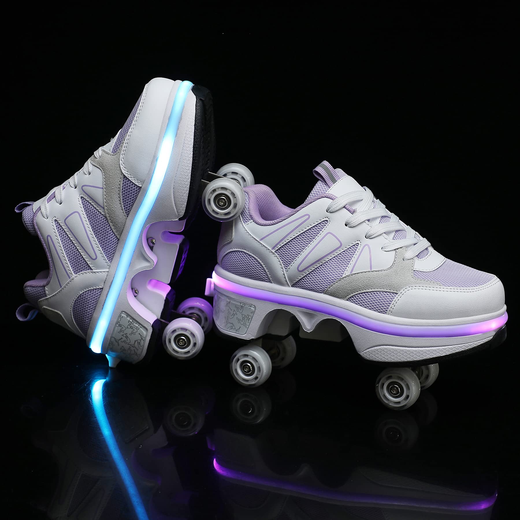 Kofuboke Led Women Deformation Roller Skate Shoes ,Double-Row Walking Shoes With Invisible Wheels (Purple, 7)