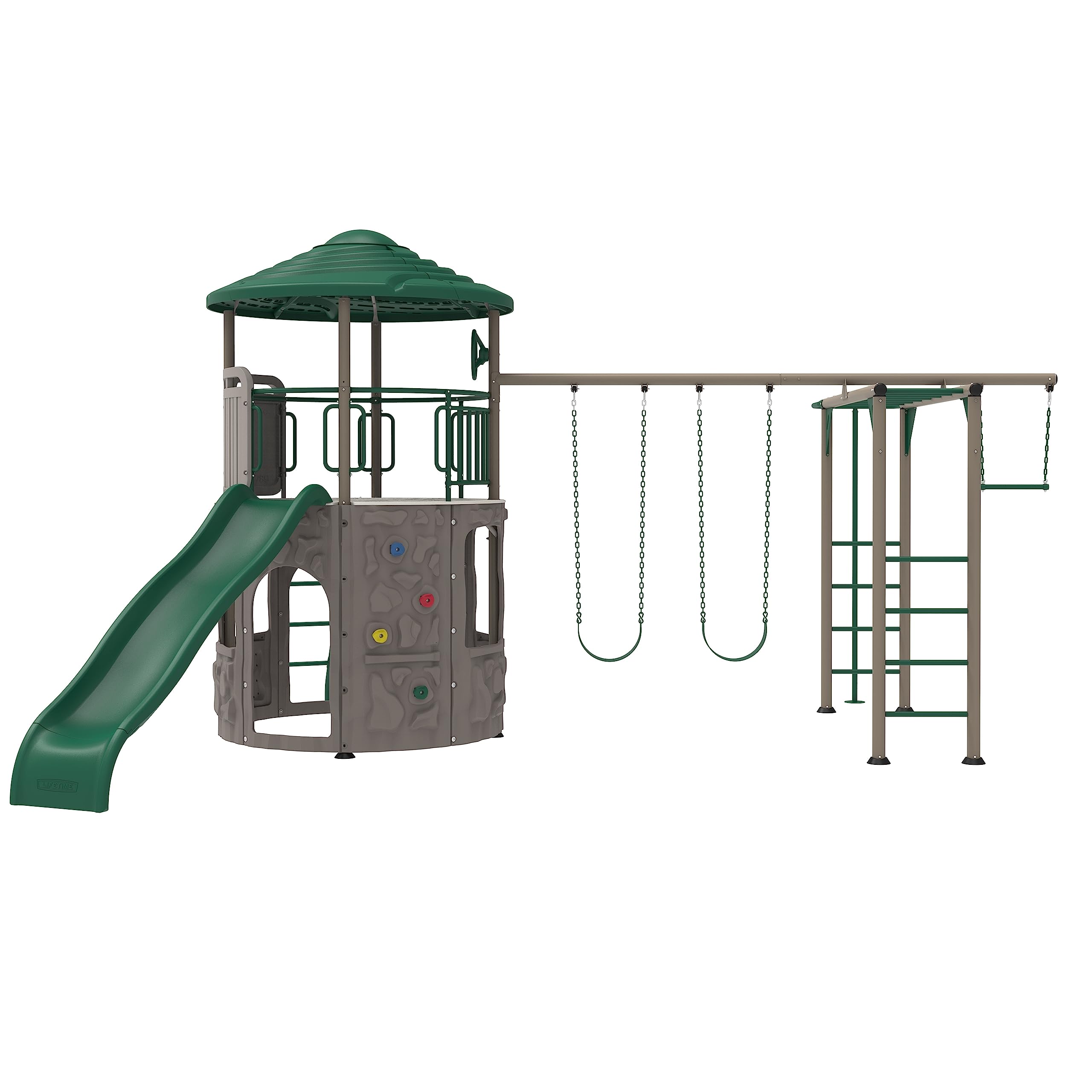 Lifetime Adventure Tower Deluxe Swing Set Playset Lifetime Adventure Tower, Covered Clubhouse, 9 ft Wavy Slide, Monkey Bars, Cli