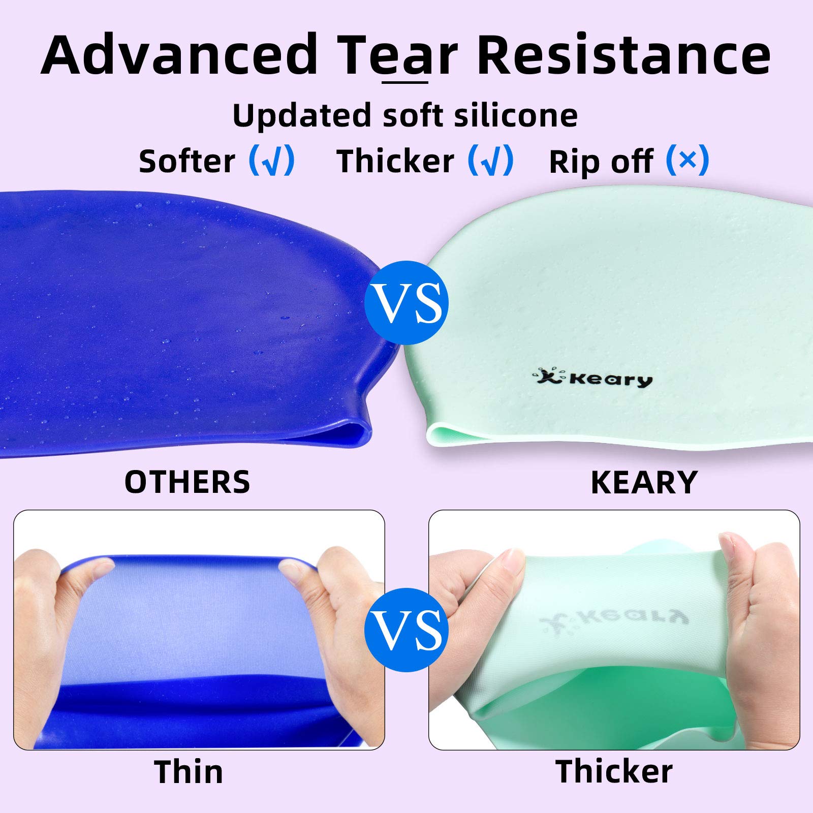 Keary 2 Pack Silicone Swim Cap For Long Hair Women Girls Waterproof Pool Swimming Cap Cover Ears To Keep Your Hair Dry, 3D Ergon
