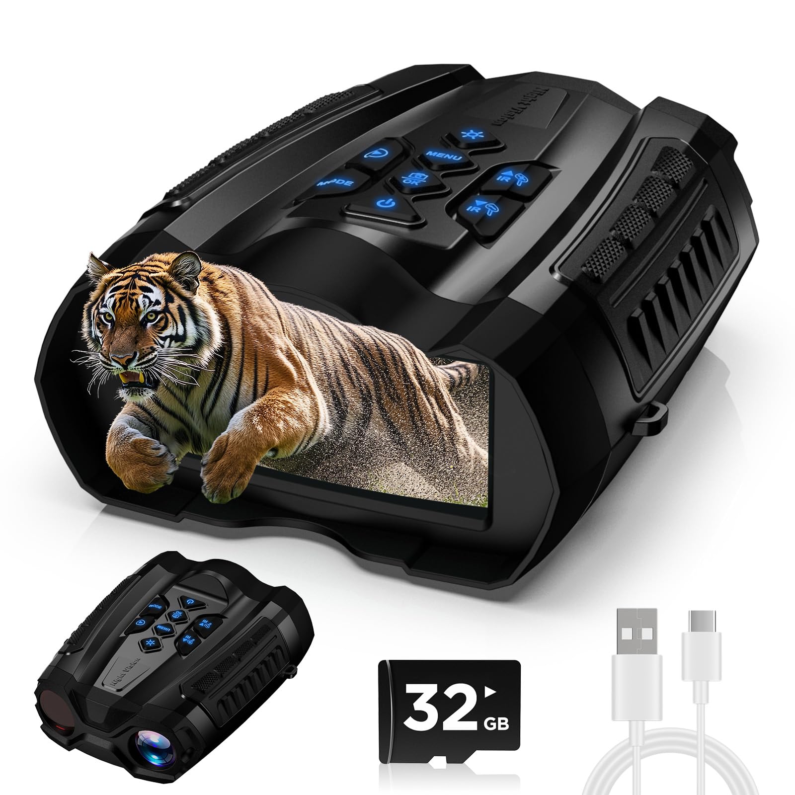 WARMTUYO Night Vision Goggles, 4K Binoculars with Camera, 3.5  HD Display and 32GB TF Card, 9 Gear Night Vision, 16X Digital Zoo