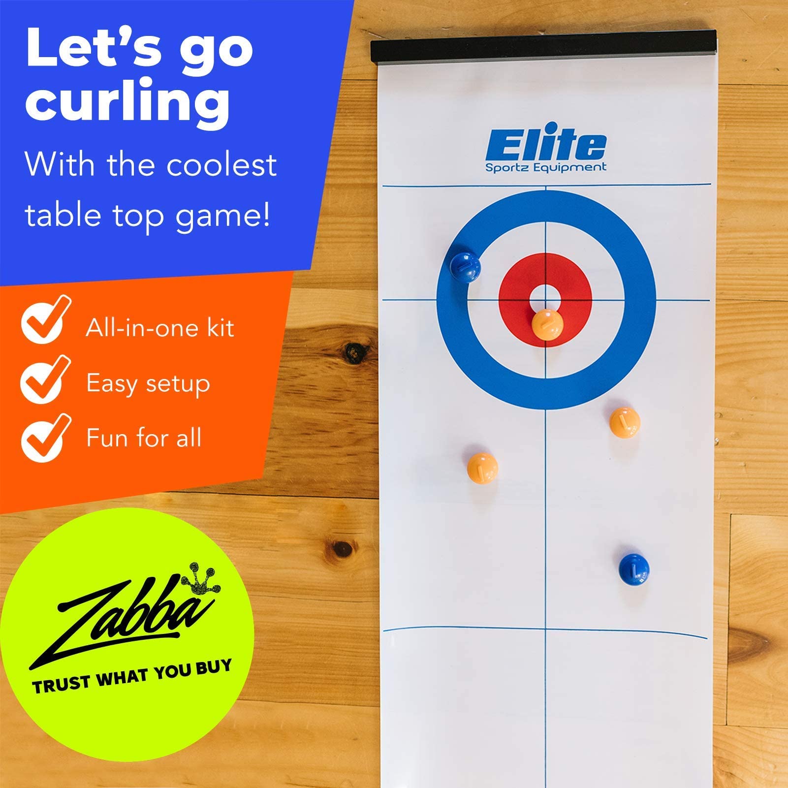 Elite Sportz Equipment Curling Game - Tabletop Games For Adults, Kids & Families - 4 Ft X 1 Ft Mat For Indoor Fun W/Bonus Travel