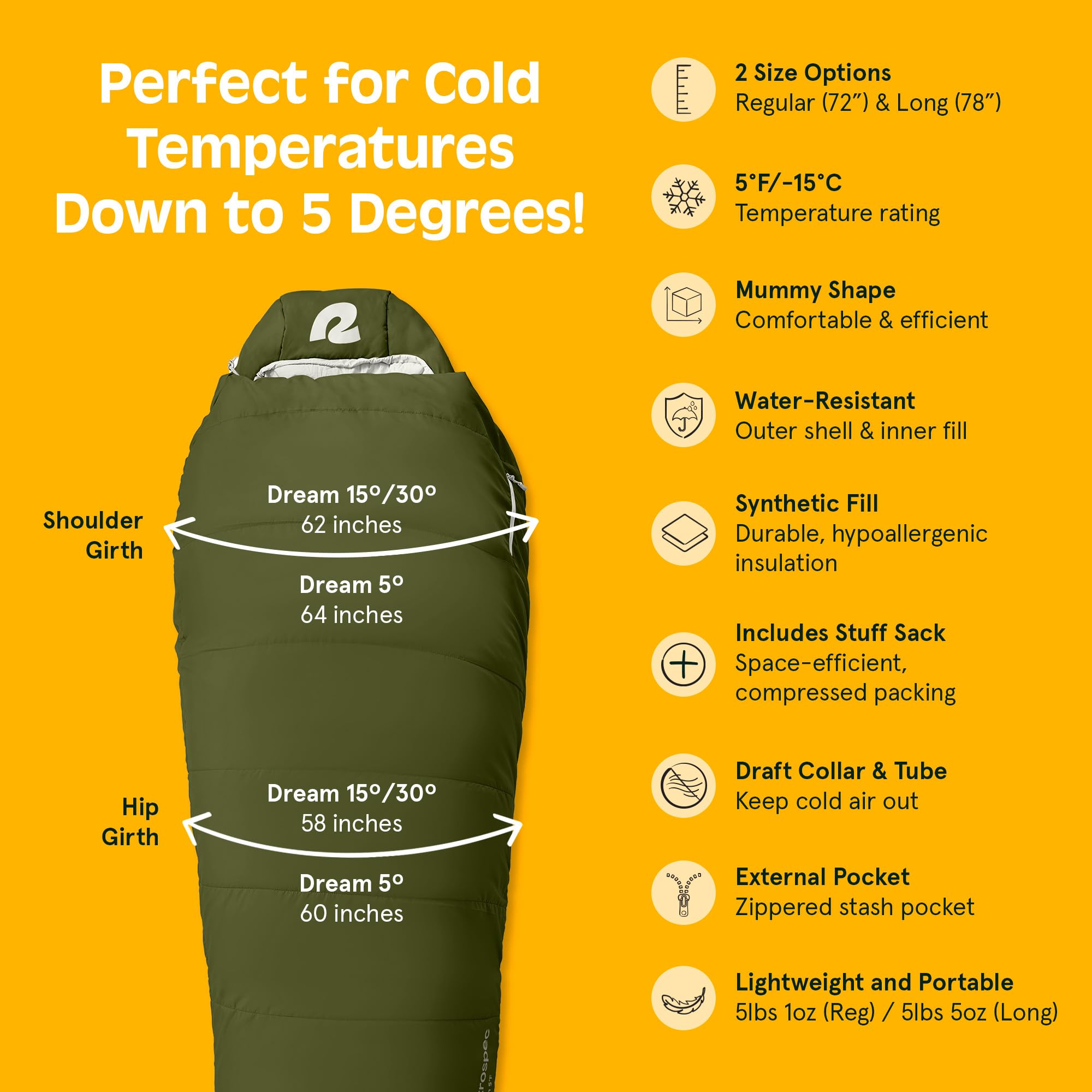 Retrospec Dream 15 Sleeping Bag - Mummy Sleeping Bag For Camping, Insulated Cold Weather, Water-Resistant And Adjustable Draw Co