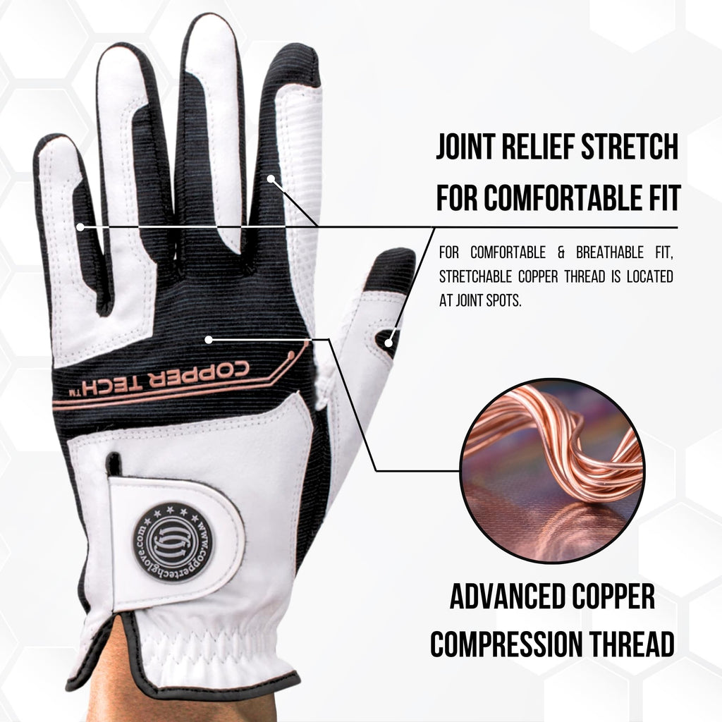 Copper Tech Mens Golf Gloves ~ 2-Pack ~ Copper-Infused ~ Worn On Right Hand For The Left-Handed Golfer One Size Fit Most