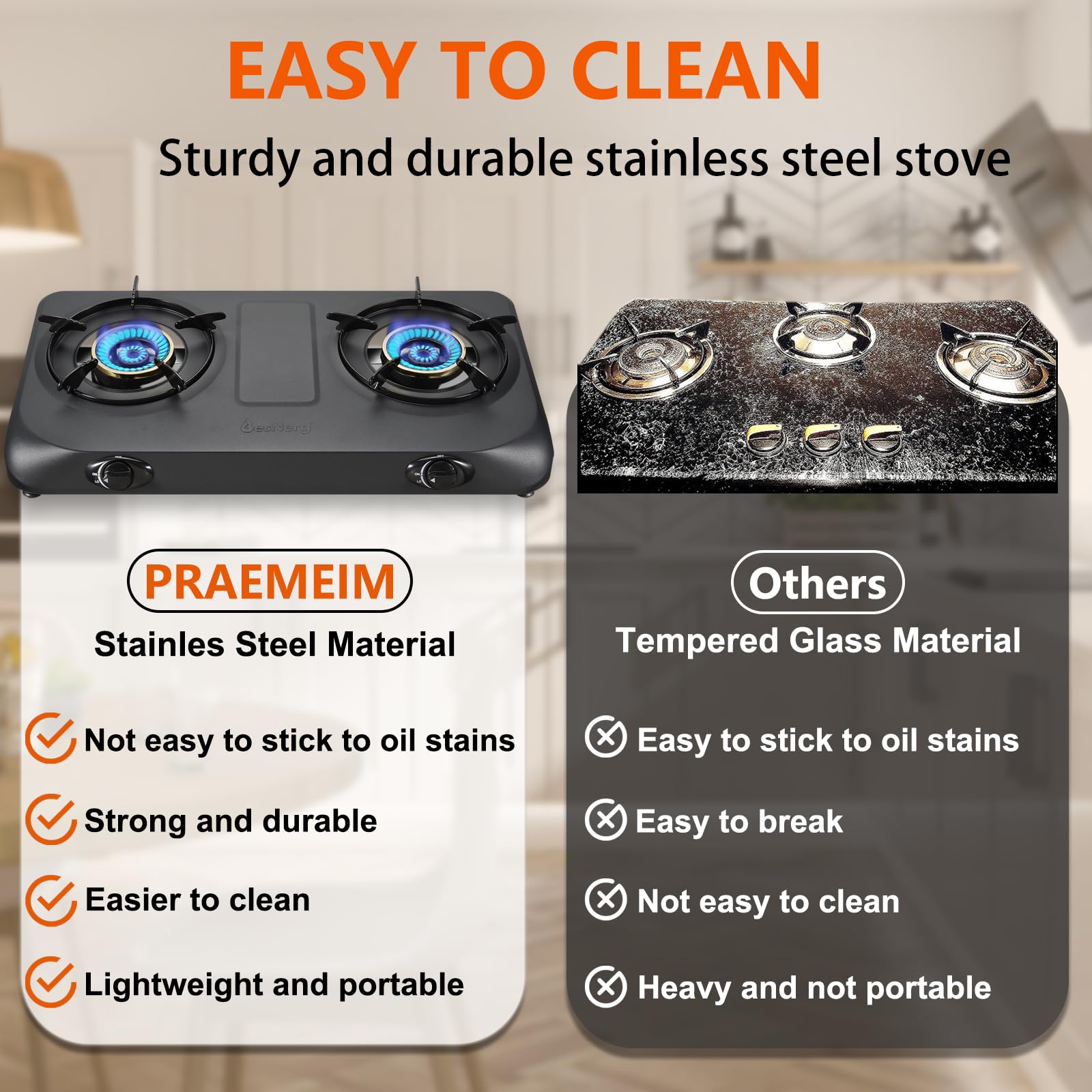 Besnerg Propane Stove 2 Burner Gas Stove Top, 27200 Btu High-Efficiency Lpg Metal Cooktop With Auto Ignition, Csa Regulator And