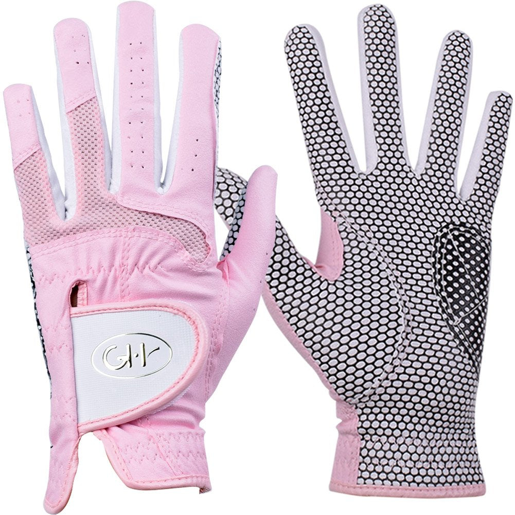 Gh Womens Leather Golf Gloves One Pair - Plain Both Hands (Pink, 18 (Xs))