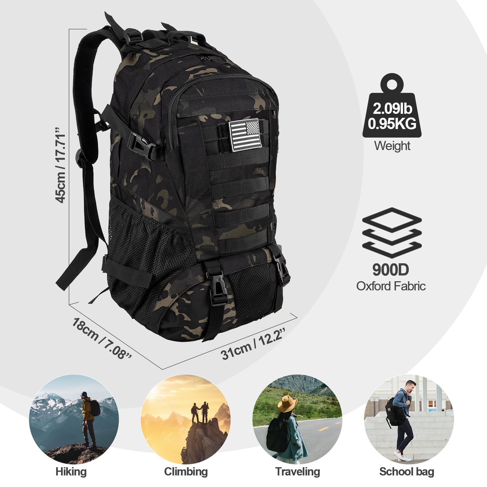 Jueachy Tactical Backpack For Men Hiking Day Pack Molle Military Rucksack Waterproof 30L Edc Bag With Usa Flag Patch Black Cp St