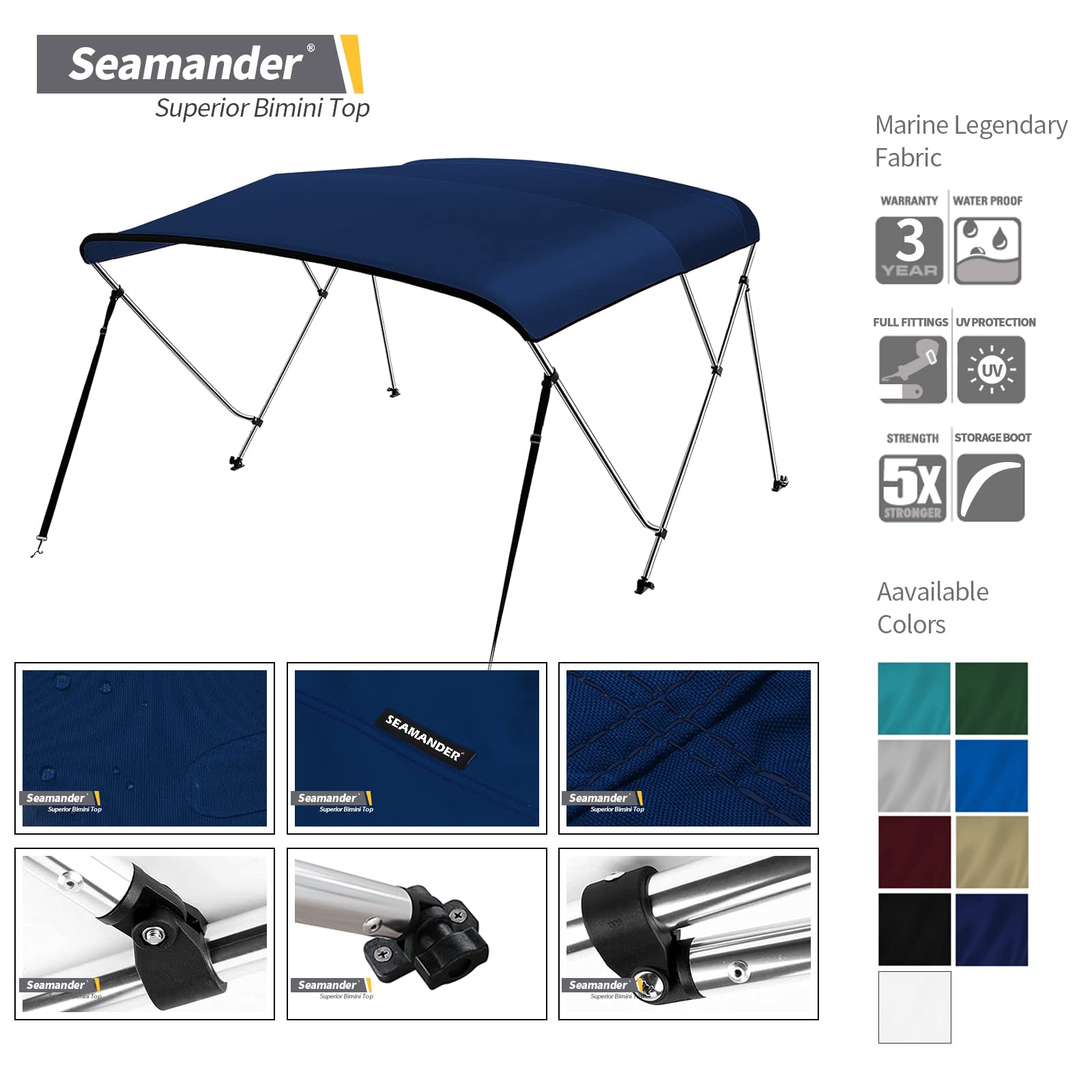 Seamander Bimini Top For Boats,3-4 Bow 13 Different Size 10 Optional Colors Available,Includes Bimini Top Hardwares And Storage