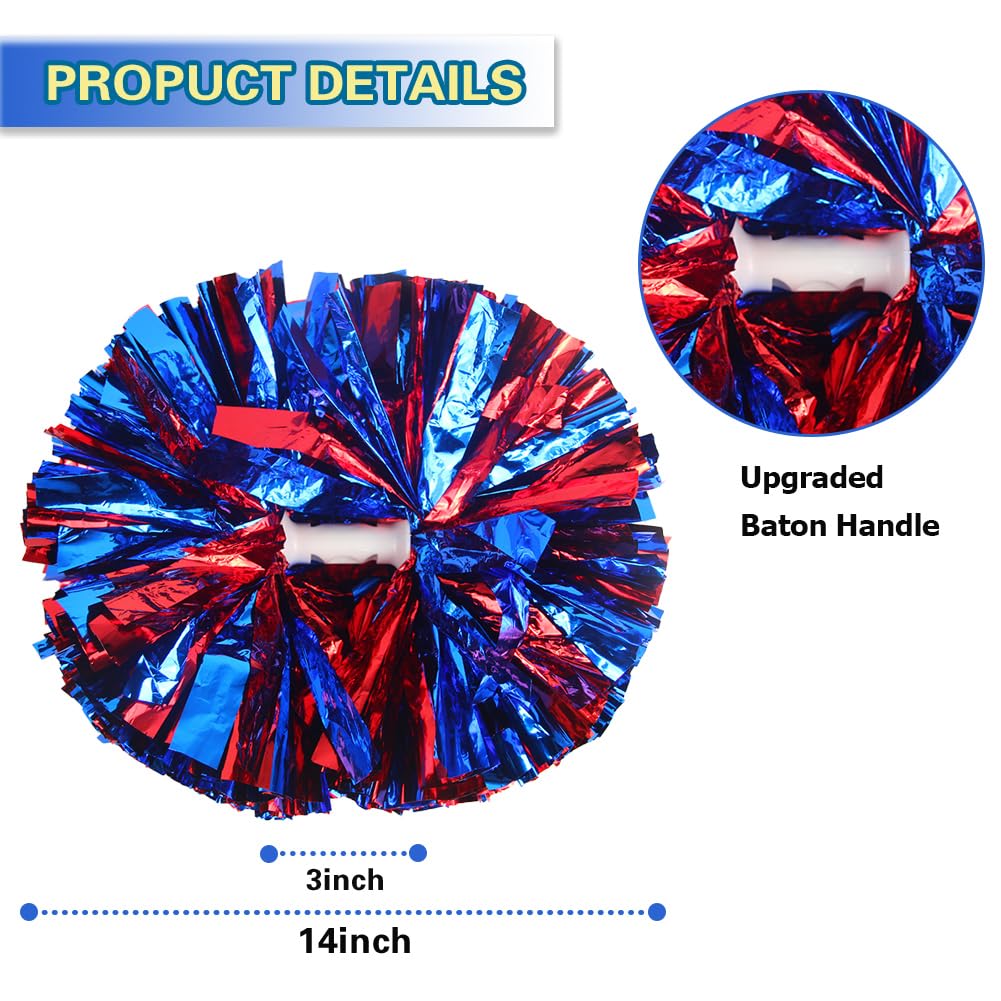 Lovecheer 2Pcs Pom Poms Cheerleading Blue And Red Metallic Cheerleader Pom Poms With Handle For Dance Party Sports Spirits