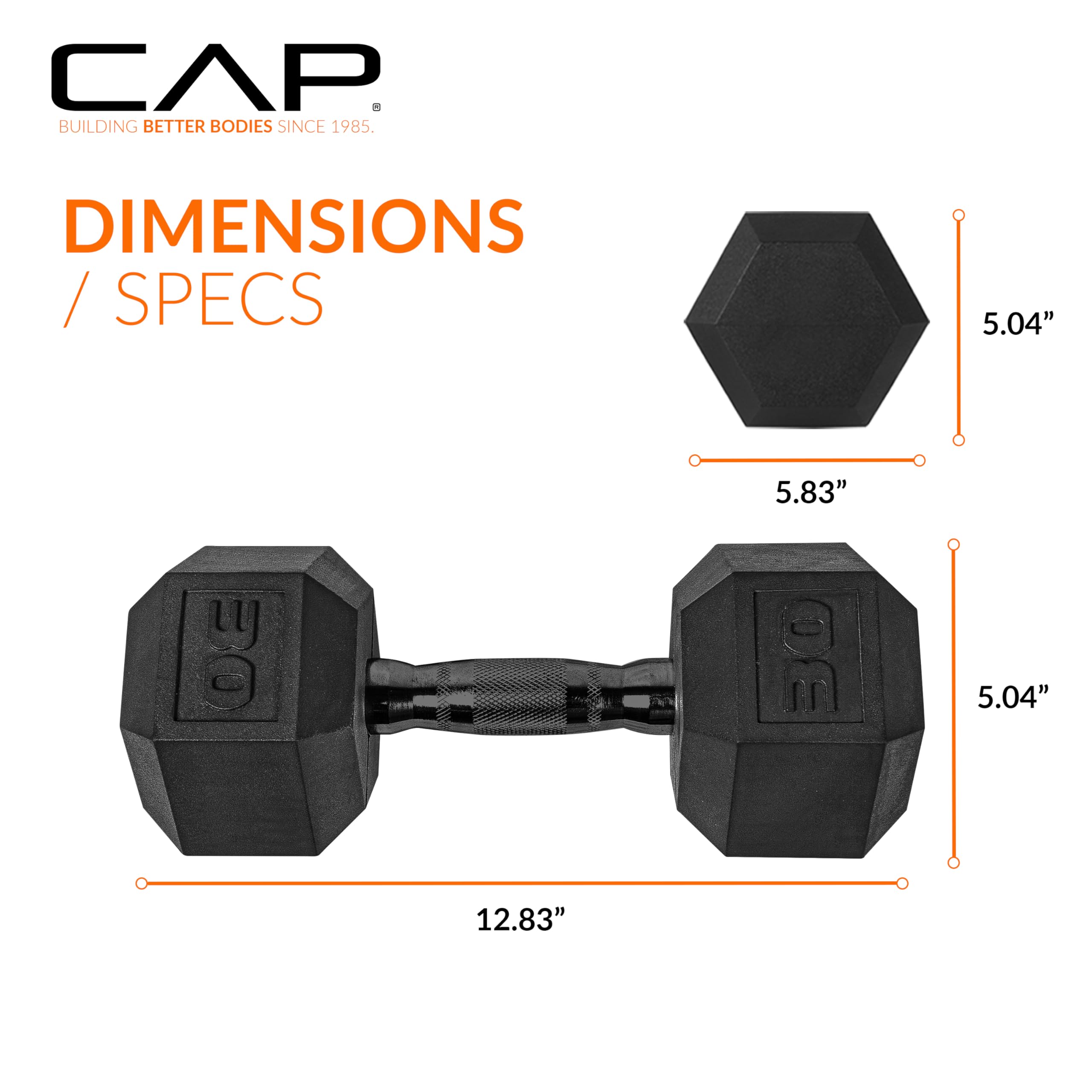 CAP Barbell 30 LB Rubber Coated Hex Dumbbell Hand Weight - Pair | Black Handle
