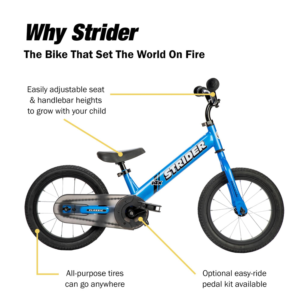 Strider 14X, Awesome Blue - Balance Bike For Kids 3 To 6 Years - Includes Kid-Size Grips, Padded Seat, Performance Footrest & Al