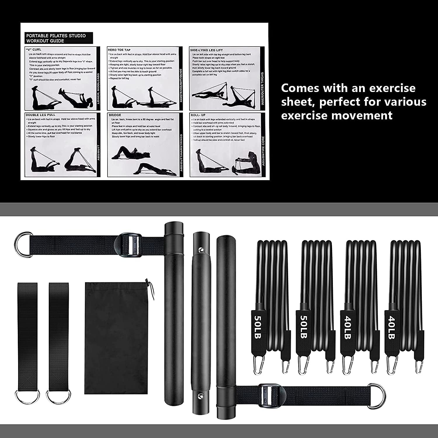 Pilates Bar Kit with Resistance Bands, Adjustable 3-Section Pilates Bar with Stackable Bands Workout Equipment for Legs,Hip,Wais