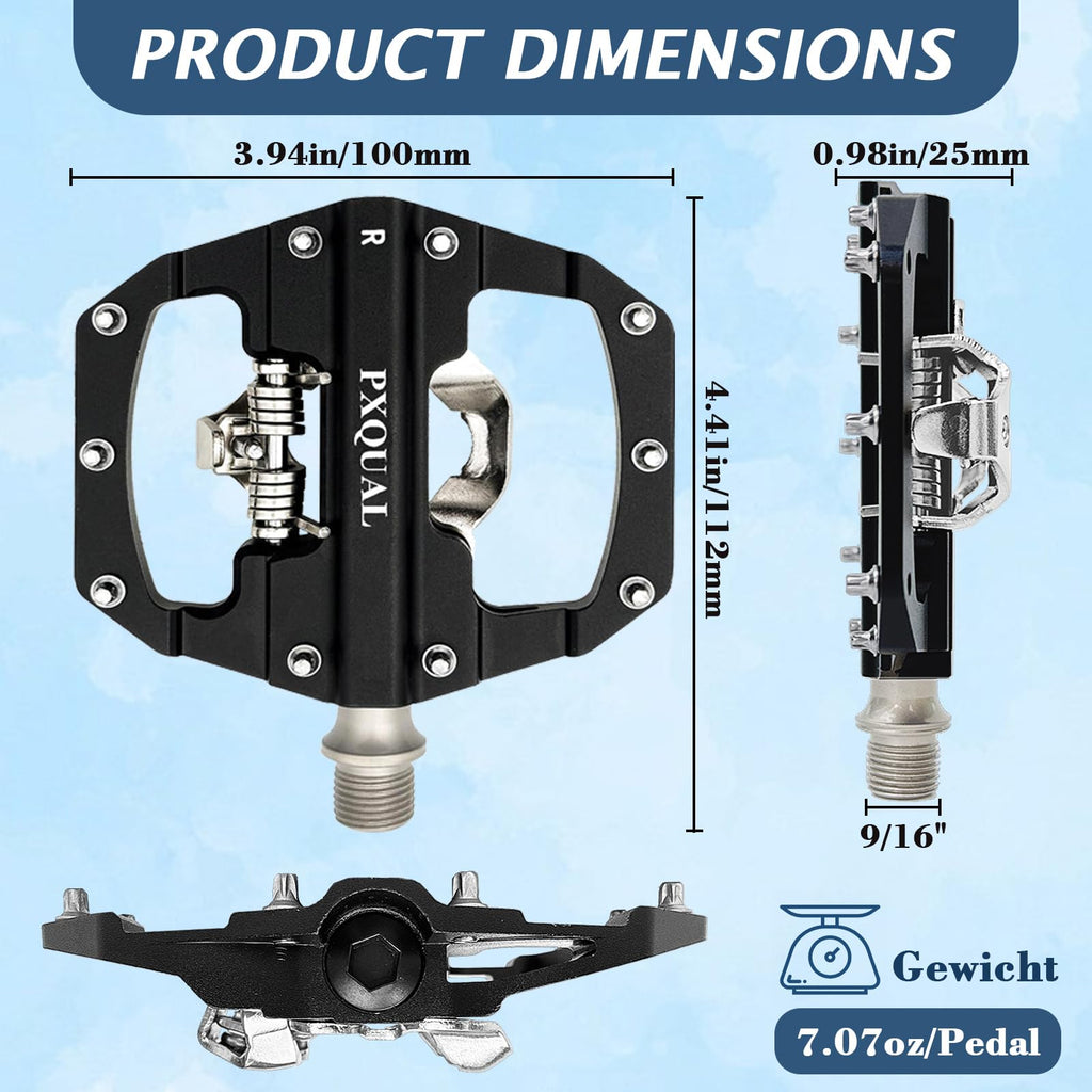 Pxqual SPD Bike Pedals - SPD Clipless & Flat Platform Combo Pedals for MTB & Road Bikes,9/16 Aluminum Alloy Sealed Bearing, Easy