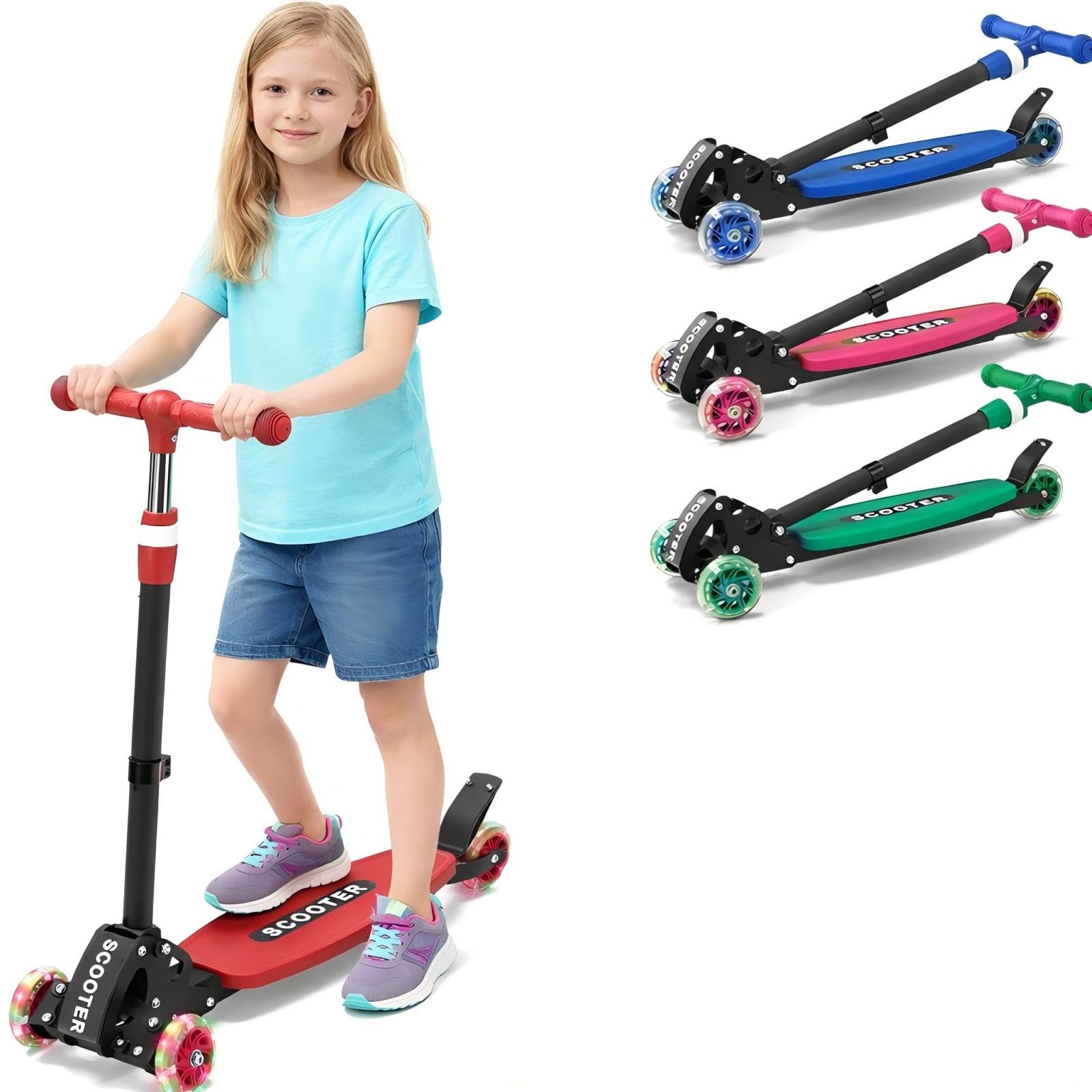 3 Wheel Kids Kick Scooter for Ages 3-12, Lean-to-Steer, Light Up Wheels, 3-Level Adjustable Handlebar 27.5   -33   ,Dual Rear Br