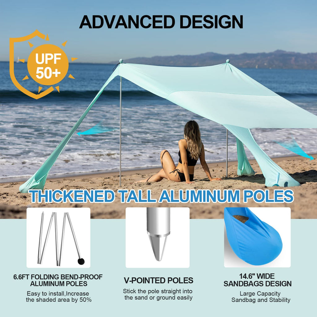 Buheco Beach Tent Pop Up Shade 7X7.5Ft Beach Canopy Sun Shelter Upf50+ With 4 Foldable Poles-Portable Carrying Bag-Sand Shovel-G
