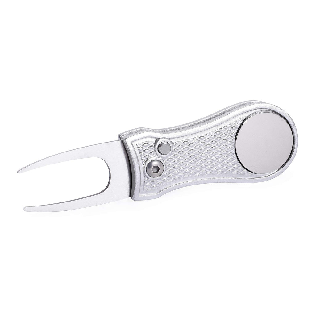 Mile High Life All Metal Foldable Golf Divot Tool With Pop-Up Button & Magnetic Ball Marker (Silver Bone)