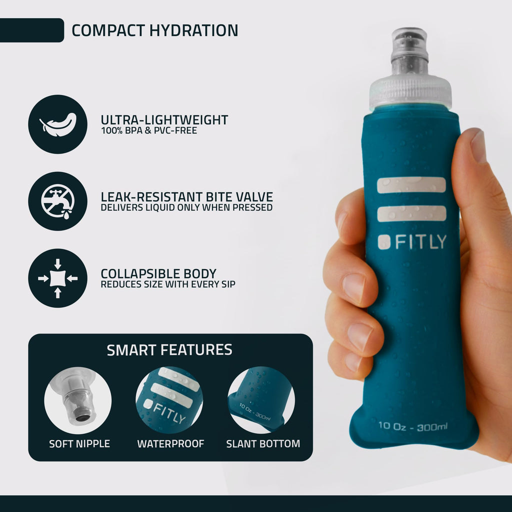 FITLY Soft Flask - 10 oz (300 ml) - Shrink As You Drink Pocket Soft Water Bottle for Hydration Pack/Running Vest - Folding Water