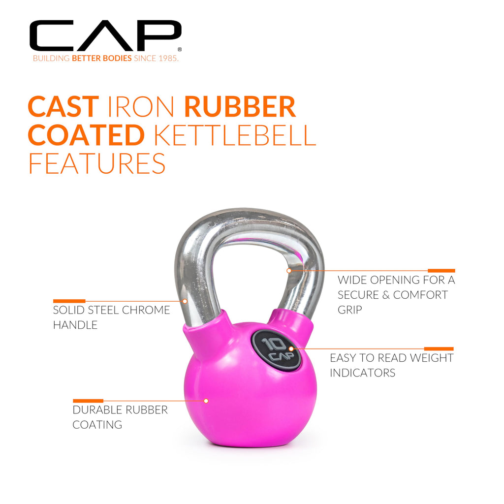 Cap Barbell Colored Rubber Coated Kettlebell With Chrome Handle, 10 Lb