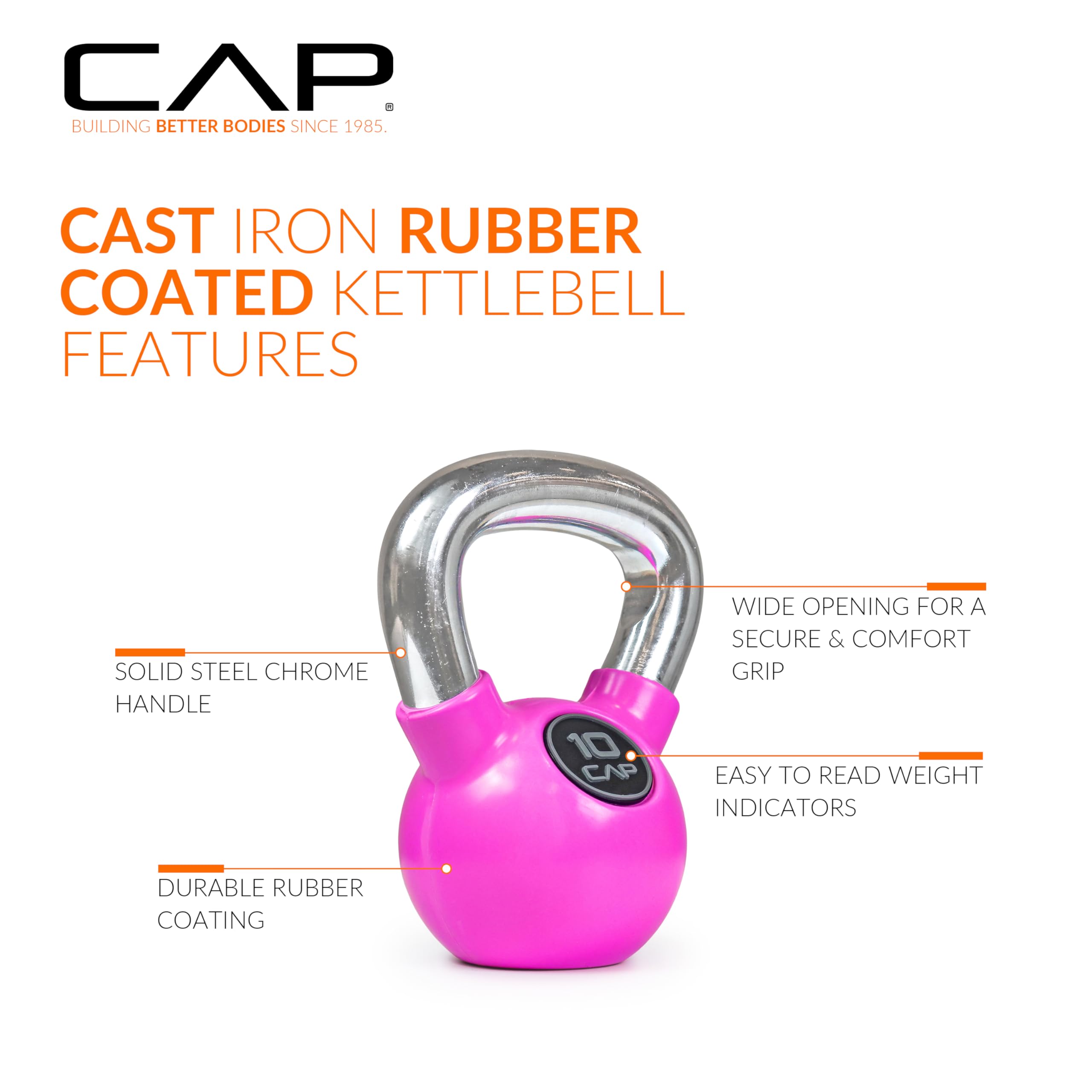 Cap Barbell Colored Rubber Coated Kettlebell With Chrome Handle, 10 Lb