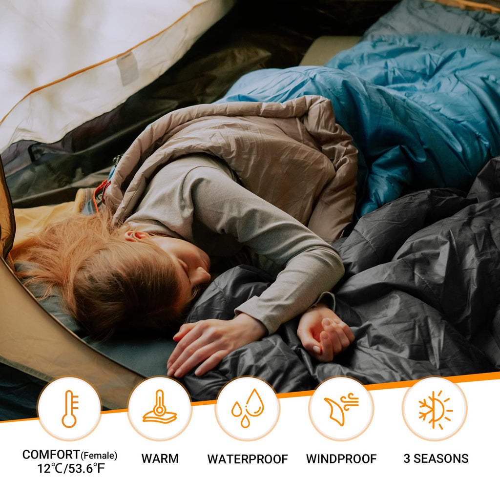 Kingcamp Double Sleeping Bag 2 Person Sleeping Bags For Adults, Lightweight Backpacking 20 Degree Queen Size Sleeping Bag With P
