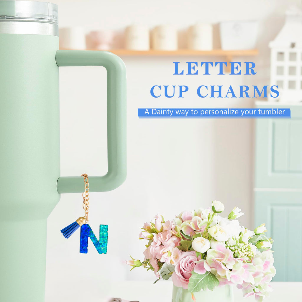 Letter Charm Accessories for Stanley Cup 1 PCS Cute Initial Keychain Handle Charm for Stanley Tumbler for Women Blue Letter N
