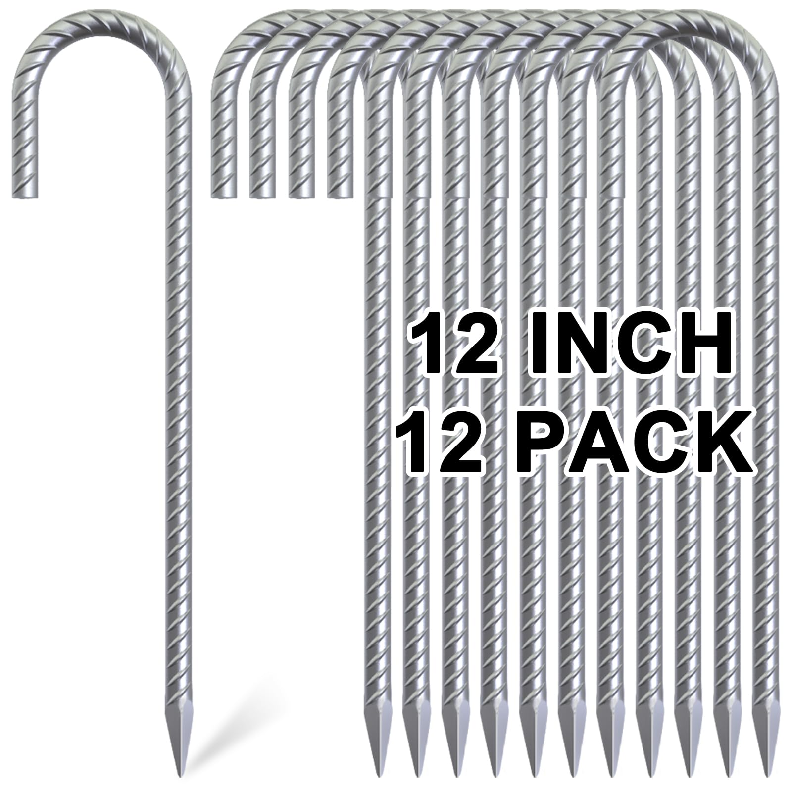 Ok5Star 12 Pack 12'' Galvanized Rebar Stakes Heavy Duty J Hook Ground Anchors, Curved Steel Tent Stakes Anti Rust Steel Ground S