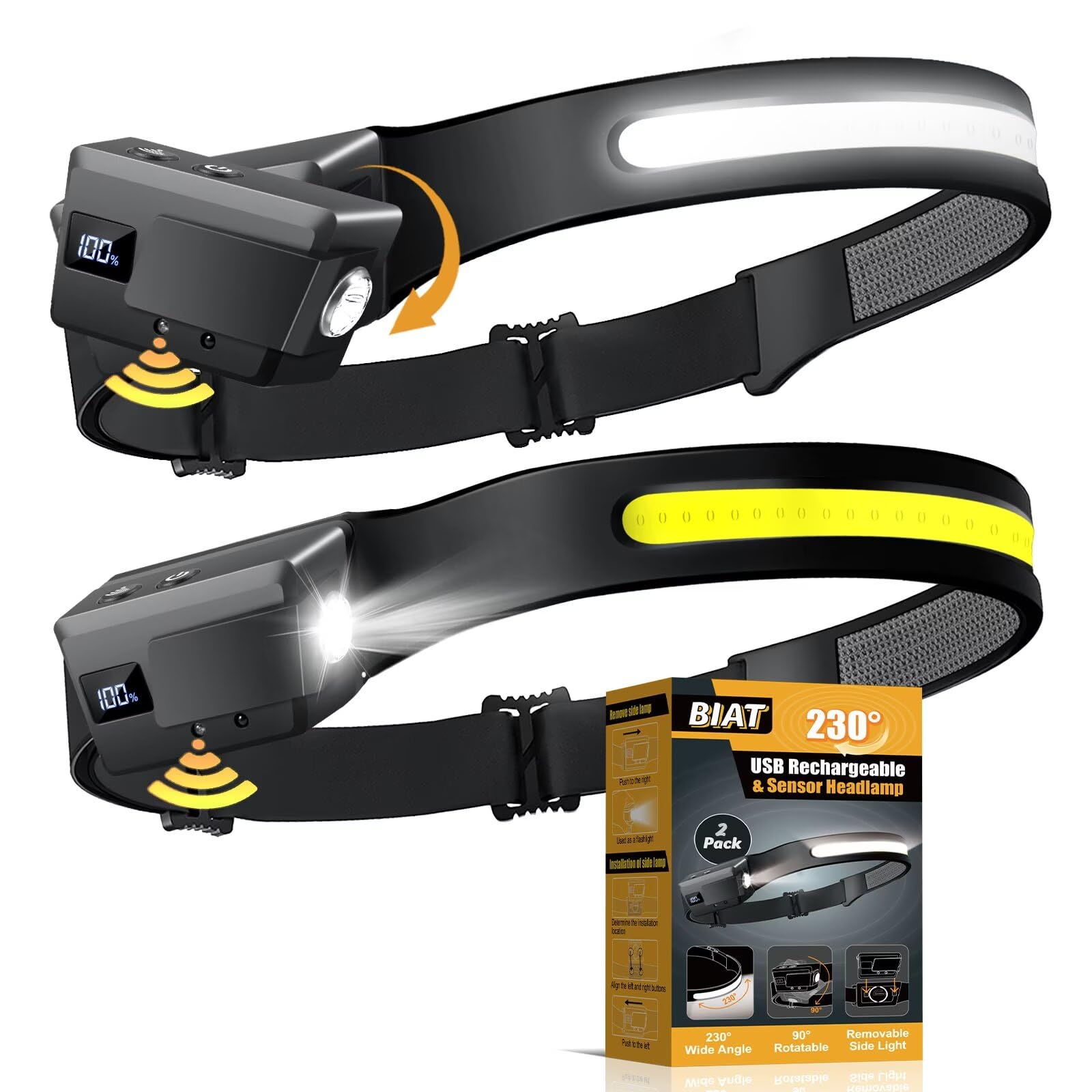 LED Headlamp Rechargeable 2PCS, 230 Wide Beam Headlight with Motion Sensor, 90 Rotation and Removable Head Lights for Forehead, 
