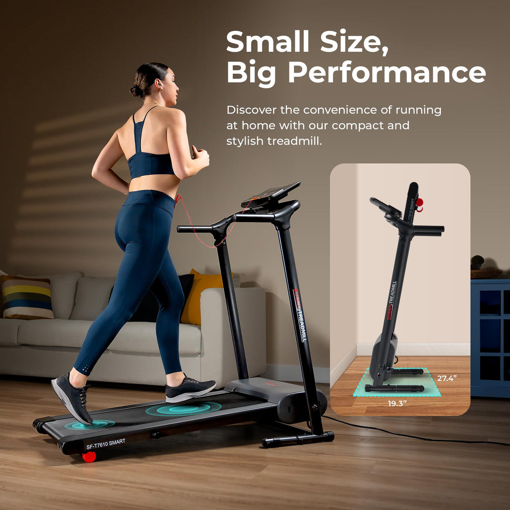 Sunny Health & Fitness Smart Foldable Exercise Running Walking Treadmill, Easy Assembly, LCD Performance Monitor, Device Holder,