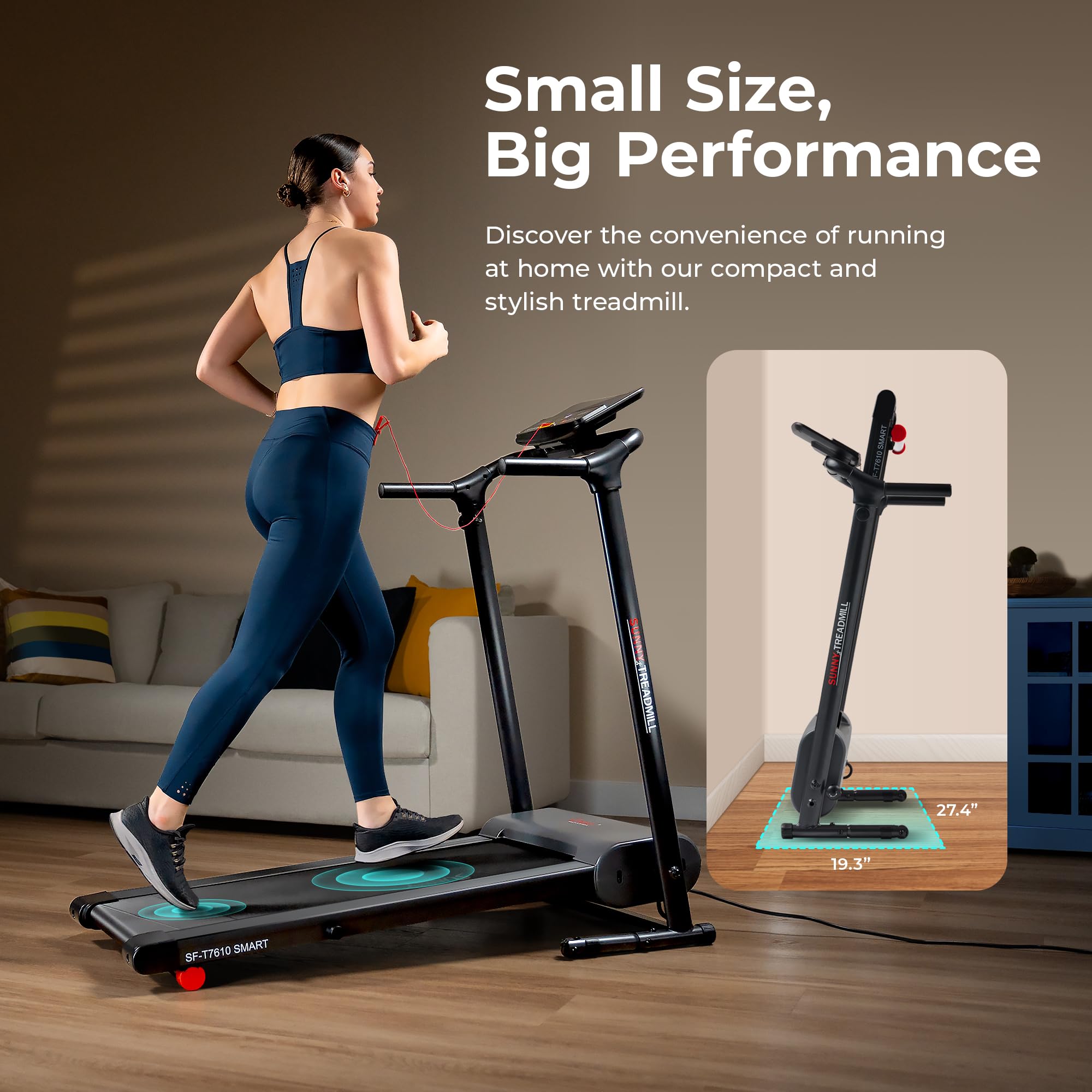 Sunny Health & Fitness Smart Foldable Exercise Running Walking Treadmill, Easy Assembly, LCD Performance Monitor, Device Holder,