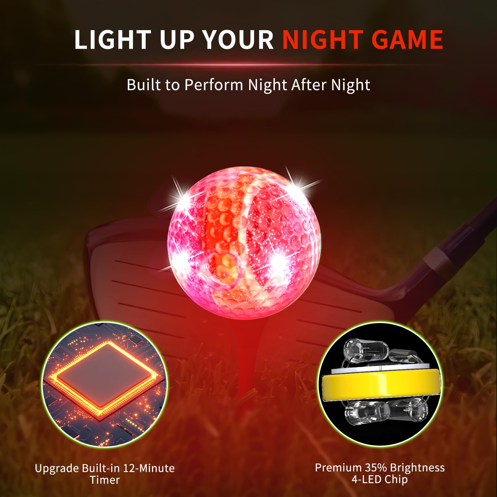 Crestgolf Glow In The Dark Golf Balls,Glow Golf Ball With 4 Light Sources Super Bright In Dark Light Up Led Golf Balls For Night