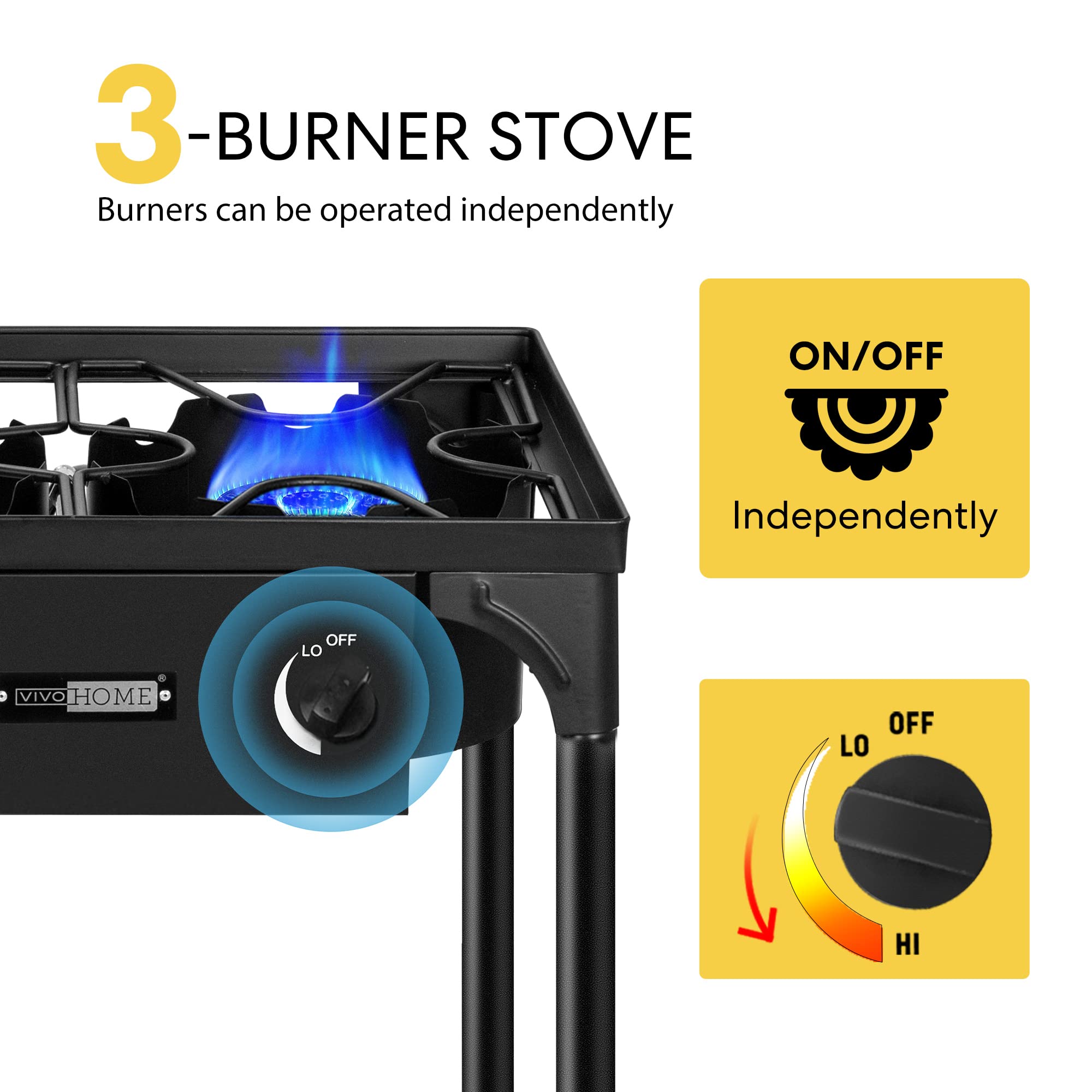 Vivohome Outdoor 3-Burner Stove, Max. 225,000 Btu/Hr, Heavy Duty Tri-Propane Cooker With Detachable Legs Stand For Camping Cooko