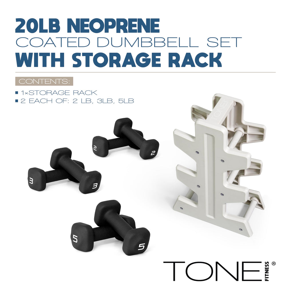 Tone Fitness 20 LB Neoprene Dumbbell Set with Storage Rack - Non-Slip, Anti-Roll Hand Weights for Home Gym Workouts - Black